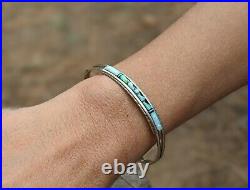 Vintage Zuni Cuff Bracelet Turquoise Inlay Minimalist Sterling Silver Signed
