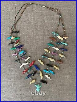 Vintage Zuni Fetish Heishi 3 Strand Birds Animal Detailed Necklace 58grams