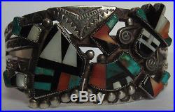 Vintage Zuni Indian Silver Inlaid Coral Turquoise Onyx Rainbow Man Bracelet