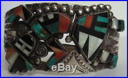 Vintage Zuni Indian Silver Inlaid Coral Turquoise Onyx Rainbow Man Bracelet