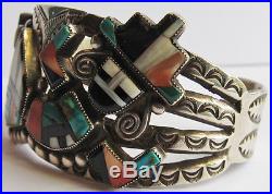 Vintage Zuni Indian Silver Inlaid Coral Turquoise Onyx Rainbow Man Bracelet