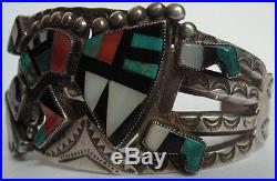 Vintage Zuni Indian Silver Inlaid Coral Turquoise Onyx Rainbow Man Bracelet