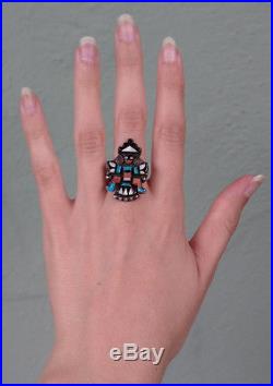 Vintage Zuni Indian Silver Inlaid Turquoise Coral Knifewing Ring Size 5-1/2