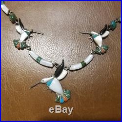 Vintage Zuni Inlay Hummingbird Necklace Sterling Silver Multi Stone