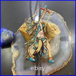 Vintage Zuni Native American Silver Warrior/Hunter With Braided Rope Bolo Tie