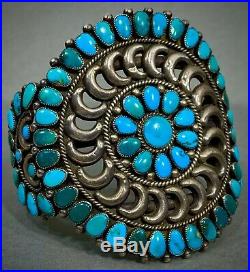 Vintage Zuni Native American Sterling Silver Turquoise Cluster Cuff Bracelet OLD