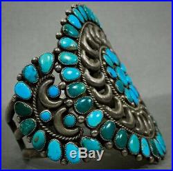 Vintage Zuni Native American Sterling Silver Turquoise Cluster Cuff Bracelet OLD