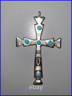 Vintage Zuni/Native American-Sterling Silver Turquoise Cross Pendant. 3 in