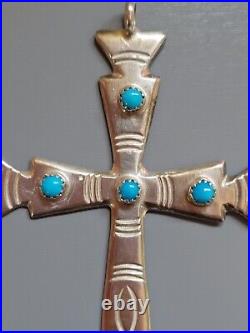 Vintage Zuni/Native American-Sterling Silver Turquoise Cross Pendant. 3 in