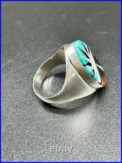 Vintage Zuni Native American Sterling Silver Turquoise Jet Coral Ring Size 13