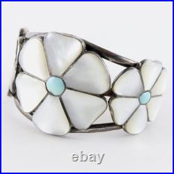 Vintage Zuni Native American Turquoise Mother Or Pearl Flower Silver Bracelet