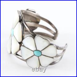 Vintage Zuni Native American Turquoise Mother Or Pearl Flower Silver Bracelet