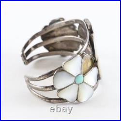 Vintage Zuni Native American Turquoise Mother Or Pearl Flower Silver Bracelet Vintage Zuni Native American Turquoise Mother Or Pearl Flower Silver Bracelet