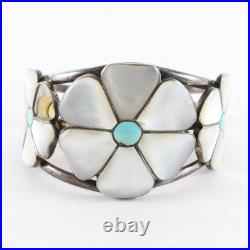 Vintage Zuni Native American Turquoise Mother Or Pearl Flower Silver Bracelet