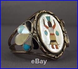 Vintage Zuni/Navajo Silver Inlay Bracelet Depicting Apache Gan Dancer (Kachina)