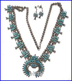 Vintage Zuni Petit Point Amy Peynetsa Squash Blossom Necklace and Earrings = 84g