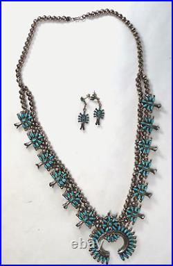 Vintage Zuni Petit Point Amy Peynetsa Squash Blossom Necklace and Earrings = 84g