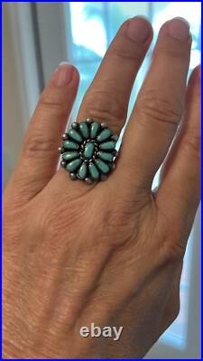 Vintage Zuni Signed Petit Point Silver and Turquoise Ring, SZ 7