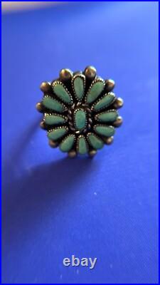 Vintage Zuni Signed Petit Point Silver and Turquoise Ring, SZ 7
