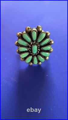 Vintage Zuni Signed Petit Point Silver and Turquoise Ring, SZ 7