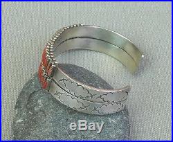 Vintage Zuni Signed Silver 2 Row Red Coral Needlepoint Cuff Bracelet