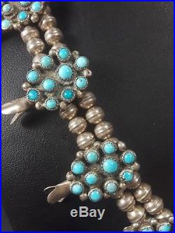Vintage Zuni Squash Blossom Genuine Turquoise and Silver Necklace 1950's