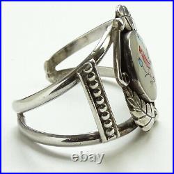 Vintage Zuni Sterling Silver Coral Mother of Pearl Inlay Cardinal Cuff Bracelet