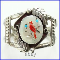 Vintage Zuni Sterling Silver Coral Mother of Pearl Inlay Cardinal Cuff Bracelet