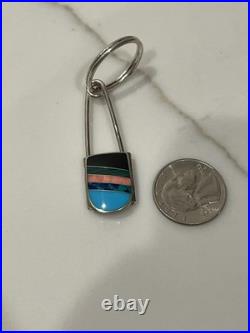 Vintage Zuni Sterling Silver Multi-Stone Channel Inlay Keychain 2.75in 8.9g
