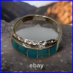 Vintage Zuni Sterling Silver Natural Turquoise Inlay Ring Size 10 Signed H