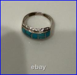 Vintage Zuni Sterling Silver Natural Turquoise Inlay Ring Size 10 Signed H