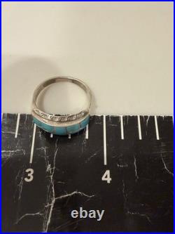 Vintage Zuni Sterling Silver Natural Turquoise Inlay Ring Size 10 Signed H