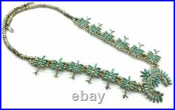 Vintage Zuni Sterling Silver Needle Point Turquoise Squash Blossom Necklace