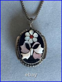 Vintage Zuni Sterling Silver Shell and Turquoise Flower and Butterfly Pendant