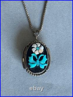 Vintage Zuni Sterling Silver Shell and Turquoise Flower and Butterfly Pendant