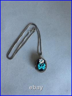 Vintage Zuni Sterling Silver Shell and Turquoise Flower and Butterfly Pendant