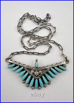 Vintage Zuni Sterling Silver Turquoise Needlepoint Cluster Necklace 18.5