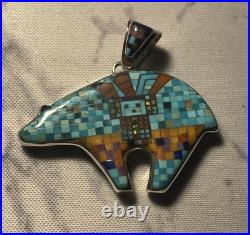 Vintage Zuni Turquoise Checkered Sterling Silver Native American Bear Pendant