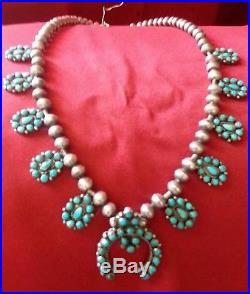 Vintage Zuni Turquoise and Sterling Silver Squash Blossom Necklace, 1970's