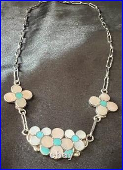 Vintage Zuni Winnie Zephier Sterling Turquoise and MOP Flower Inlay Necklace