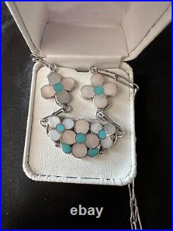 Vintage Zuni Winnie Zephier Sterling Turquoise and MOP Flower Inlay Necklace