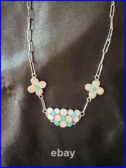 Vintage Zuni Winnie Zephier Sterling Turquoise and MOP Flower Inlay Necklace
