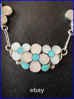 Vintage Zuni Winnie Zephier Sterling Turquoise and MOP Flower Inlay Necklace Vintage Zuni Winnie Zephier Sterling Turquoise and MOP Flower Inlay Necklace