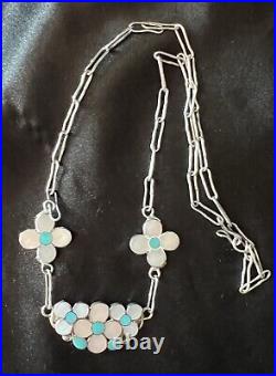 Vintage Zuni Winnie Zephier Sterling Turquoise and MOP Flower Inlay Necklace