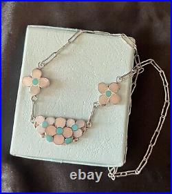 Vintage Zuni Winnie Zephier Sterling Turquoise and MOP Flower Inlay Necklace