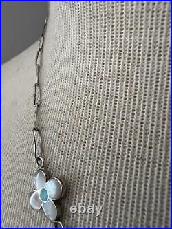 Vintage Zuni Winnie Zephier Sterling Turquoise and MOP Flower Inlay Necklace