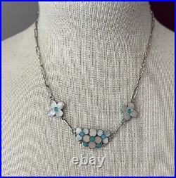 Vintage Zuni Winnie Zephier Sterling Turquoise and MOP Flower Inlay Necklace