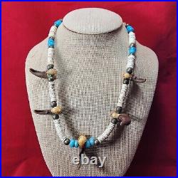 Vintage hand made Native American Bear Claw shell brass glass bead Necklace