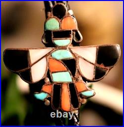 Vintage multi-stone early ZUNI KNIFEWING inlay bolo sterling silver turquoise