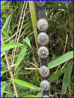 Vintage sterling silver Native American SWAN TAOS Concho leather belt 32